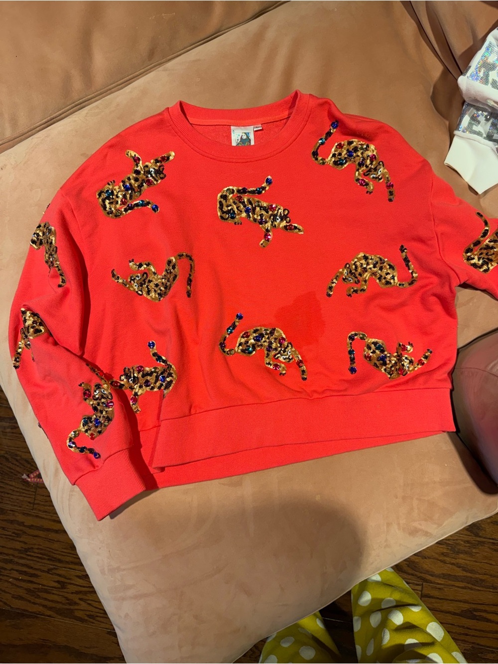 QUEEN OF SPARKLES Red Leopard Sequin Applique Sweatshirt